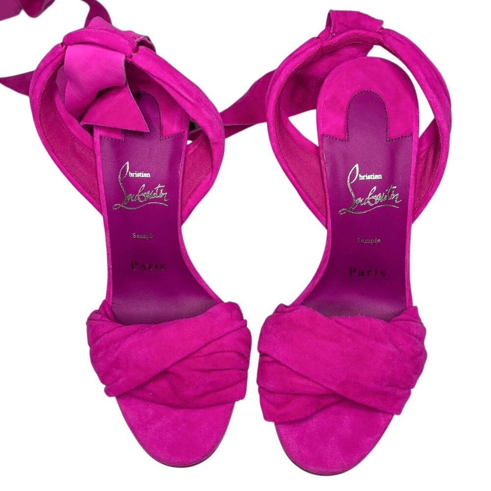 Christian Louboutin Lipqueen Pink Suede Crystal Heel Sandals EU 37 Ankle Wrap - Picture 3 of 10